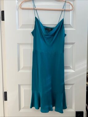 INTERMIX Teal Satin Cowl Neck Midi Slip Dress